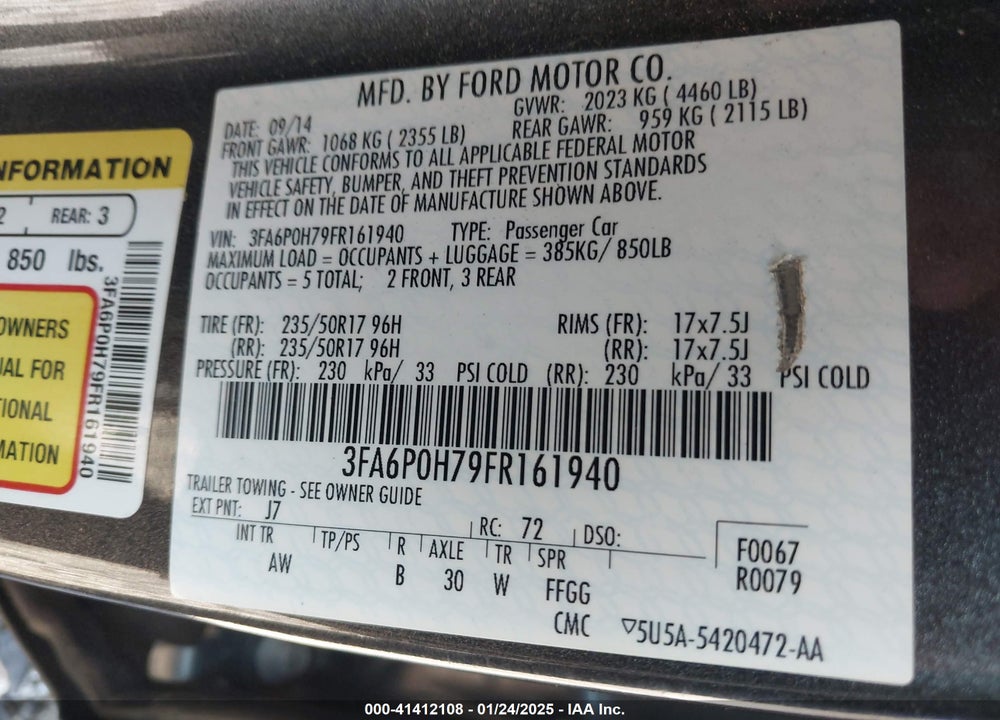 2015 FORD FUSION VIN: 3FA6P0H79FR161940
