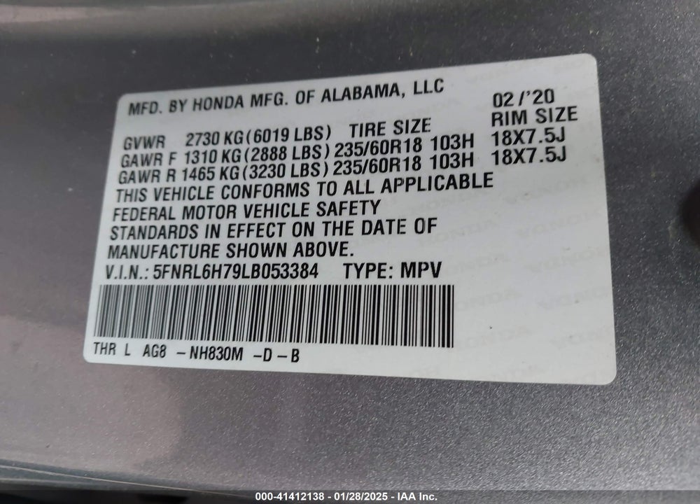 2020 HONDA ODYSSEY VIN: 5FNRL6H79LB053384