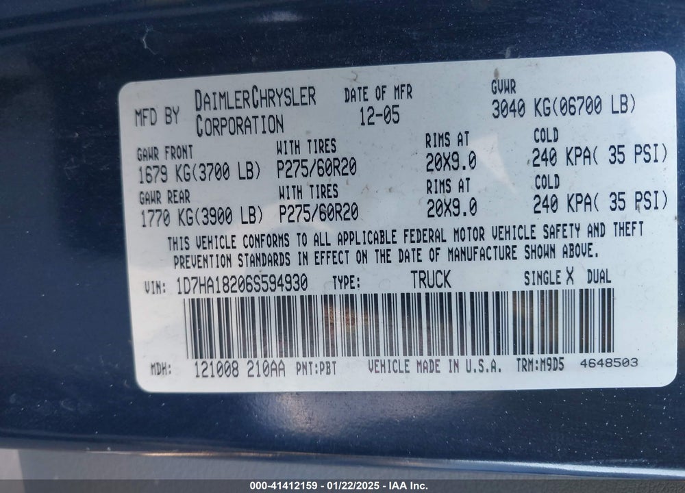 2006 DODGE RAM 1500 VIN: 1D7HA18206S594930