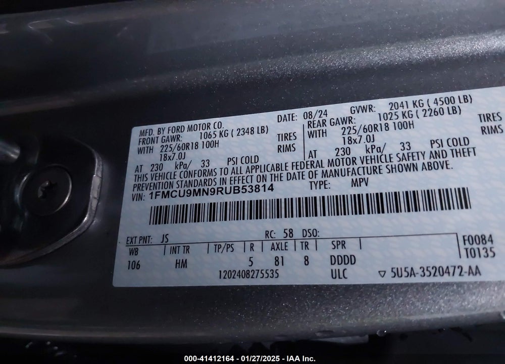 2024 FORD ESCAPE VIN: 1FMCU9MN9RUB53814