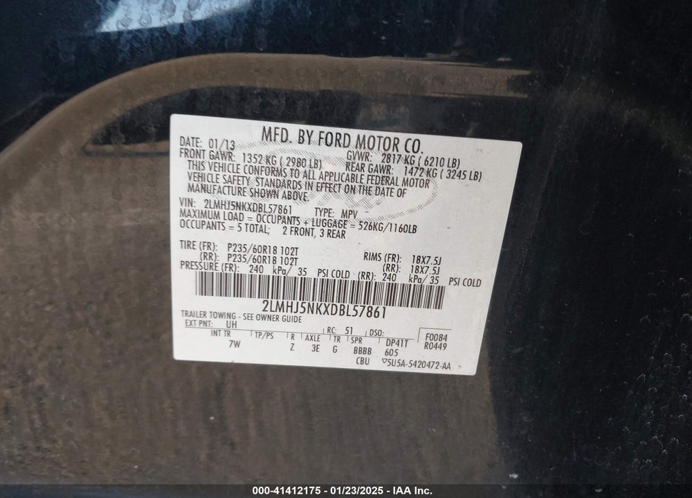 2013 LINCOLN MKT LIVERY VIN: 2LMHJ5NKXDBL57861