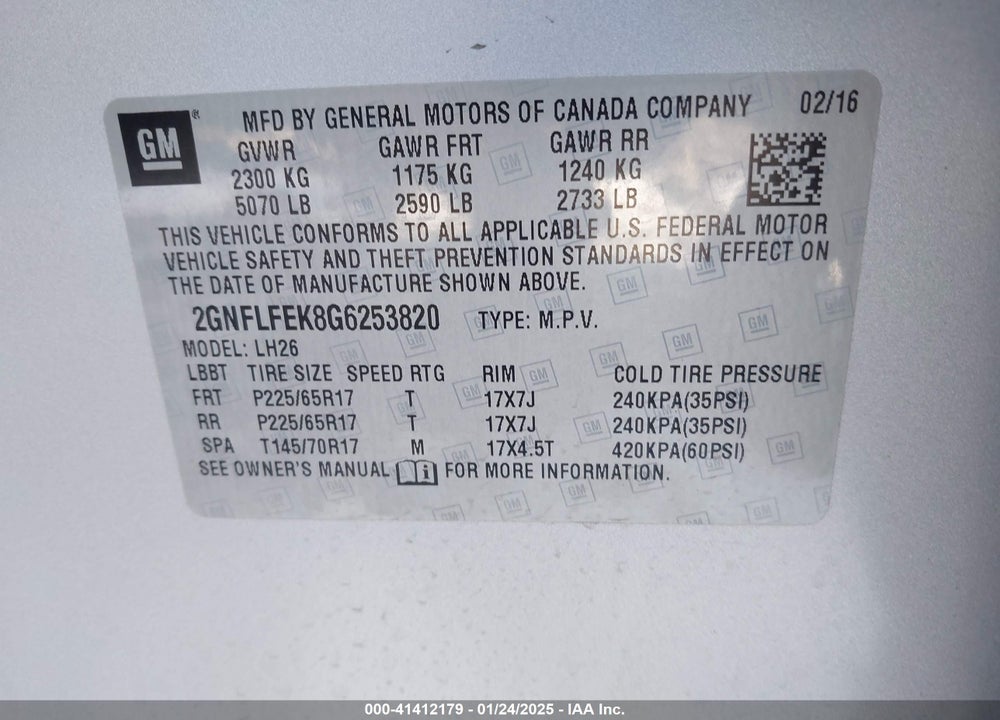 2016 CHEVROLET EQUINOX LT VIN: 2GNFLFEK8G6253820