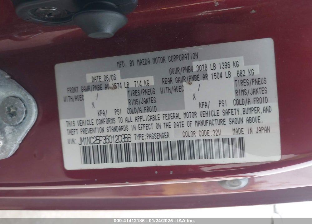 2006 MAZDA MX5 MIATA VIN: JM1NC25F360120356