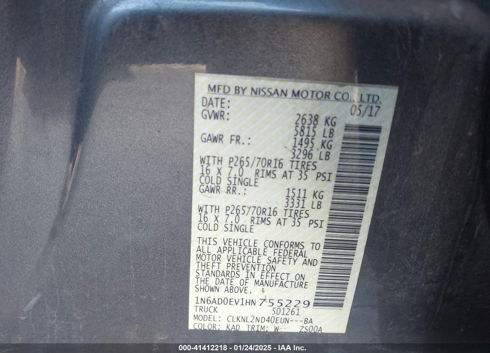 2017 NISSAN FRONTIER VIN: 1N6AD0EV1HN755229