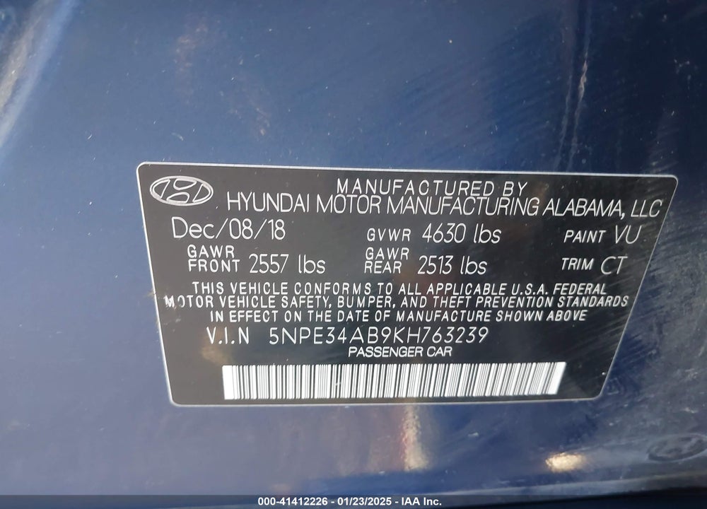 2019 HYUNDAI SONATA LIMITED 2.0T VIN: 5NPE34AB9KH763239