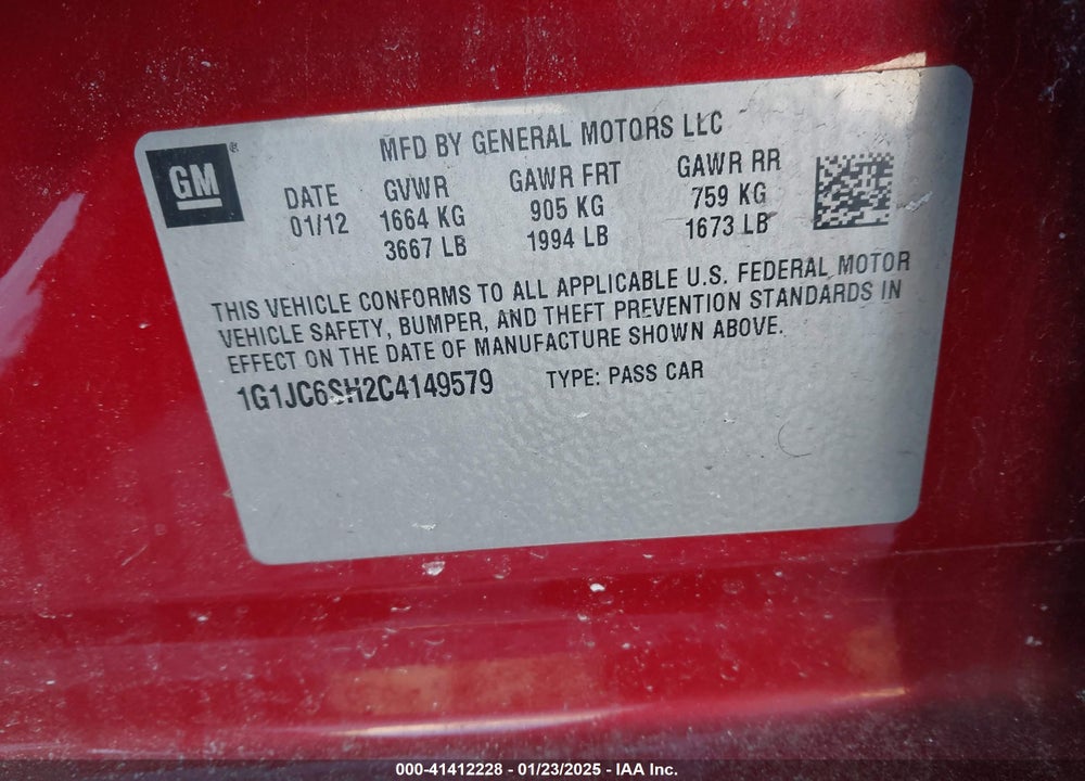 2012 CHEVROLET SONIC 2LT VIN: 1G1JC6SH2C4149579