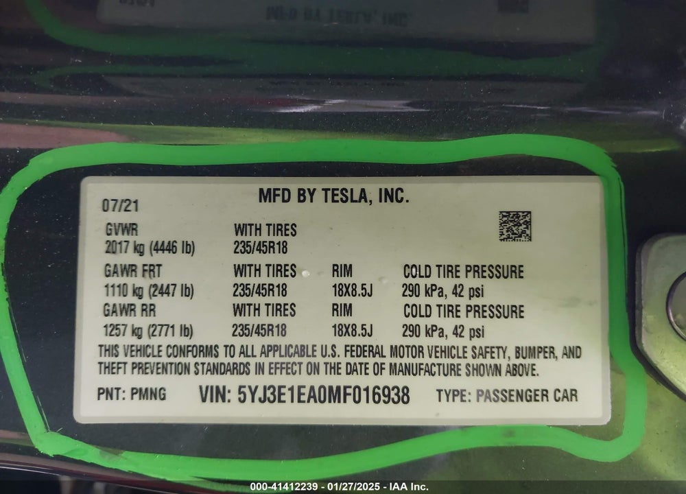 2021 TESLA MODEL 3 VIN: 5YJ3E1EA0MF016938