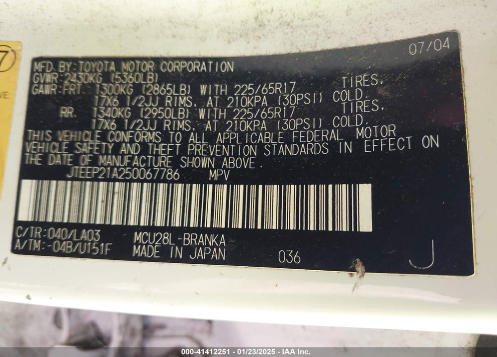 2005 TOYOTA HIGHLANDER LIMITED V6 VIN: JTEEP21A250067786