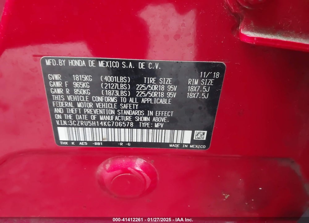 2019 HONDA HR-V VIN: 3CZRU5H14KG706578
