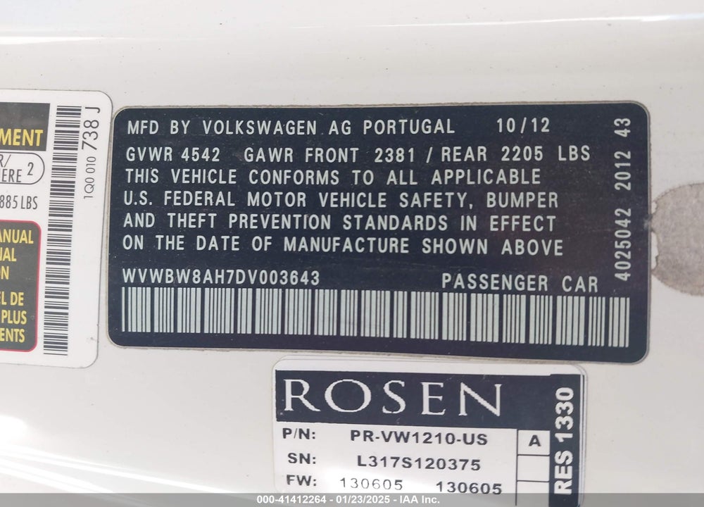 2013 VOLKSWAGEN EOS VIN: WVWBW8AH7DV003643