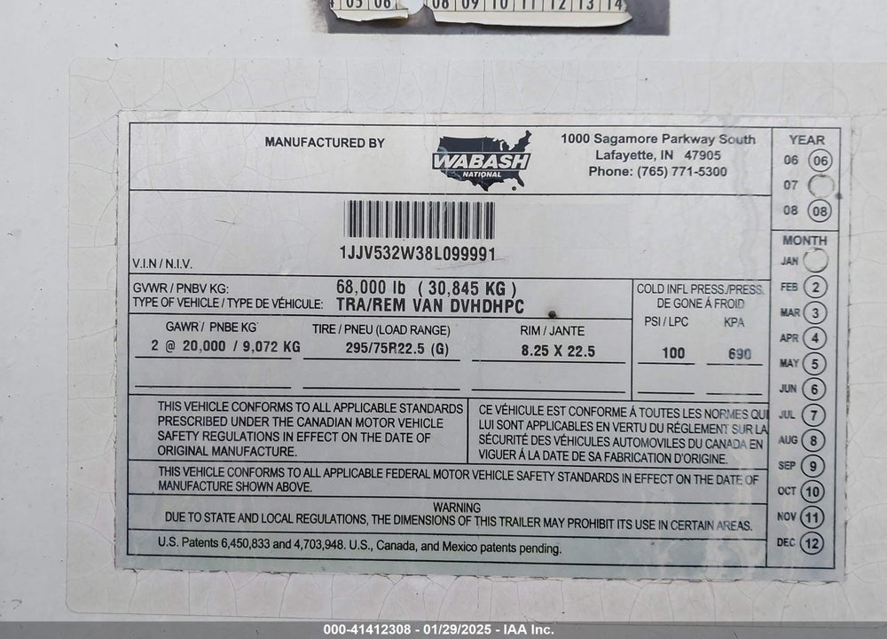 2008 WABASH NATIONAL CORP --- VIN: 1JJV532W38L099991