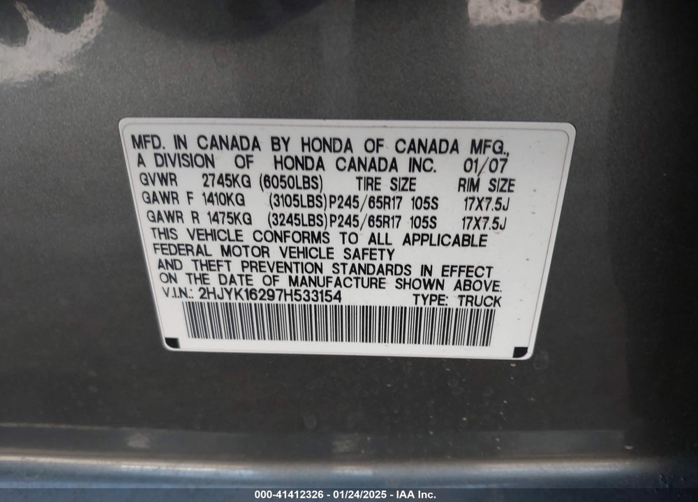 2007 HONDA RIDGELINE VIN: 2HJYK16297H533154