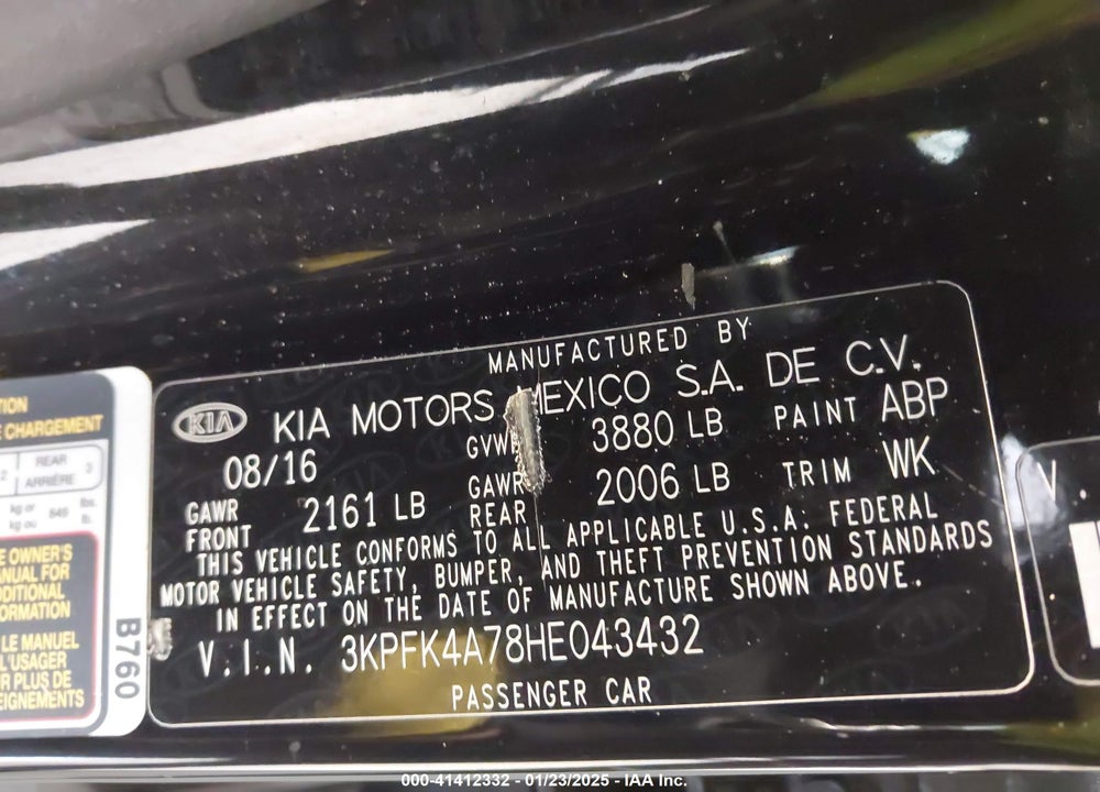 2017 KIA FORTE VIN: 3KPFK4A78HE043432