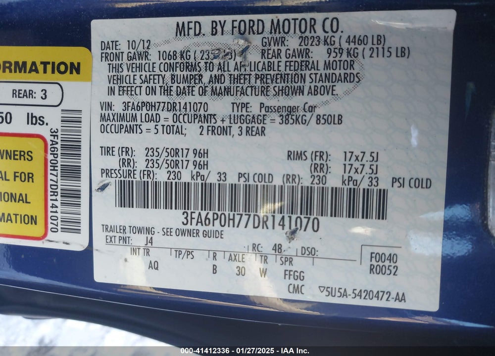 2013 FORD FUSION VIN: 3FA6P0H77DR141070