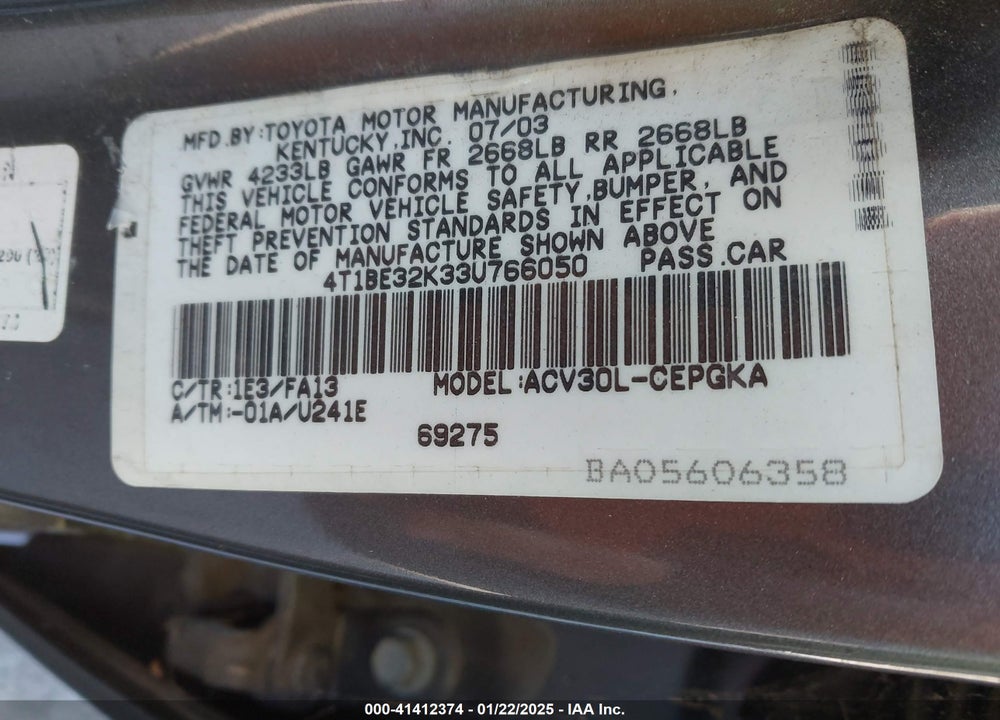 2003 TOYOTA CAMRY XLE VIN: 4T1BE32K33U766050