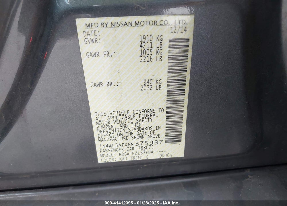 2015 NISSAN ALTIMA VIN: 1N4AL3APXFN375937