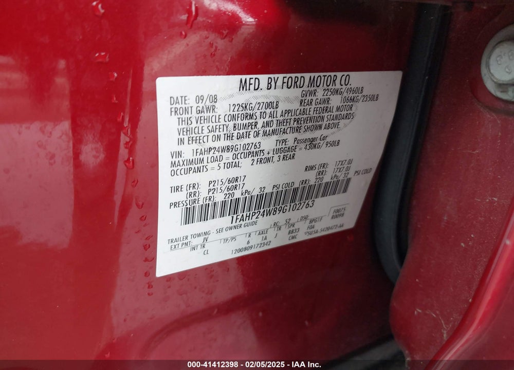 2009 FORD TAURUS SEL VIN: 1FAHP24W89G102763