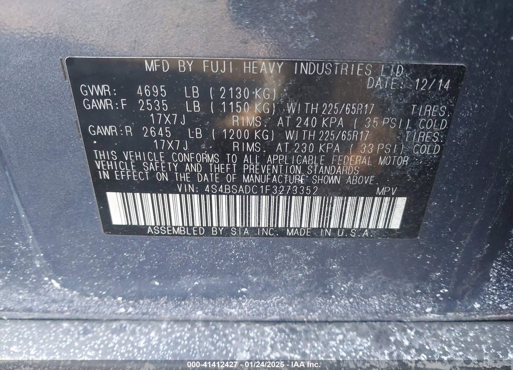 2015 SUBARU OUTBACK 2.5I PREMIUM VIN: 4S4BSADC1F3273352