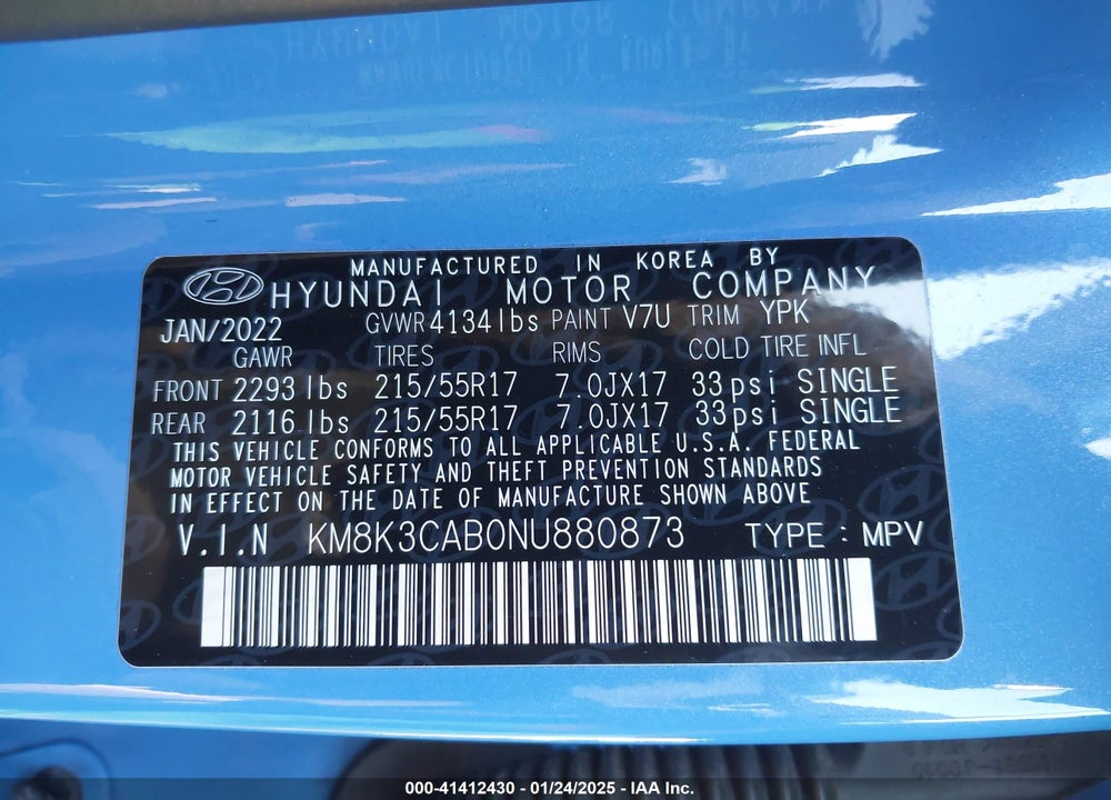 2022 HYUNDAI KONA SEL VIN: KM8K3CAB0NU880873