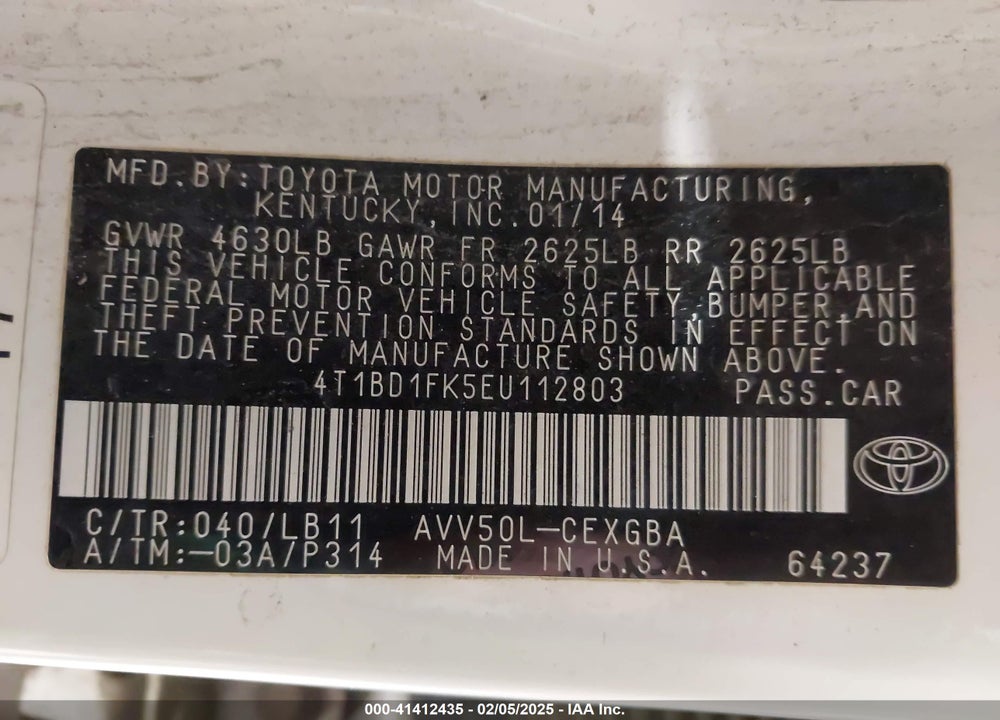 2014 TOYOTA CAMRY HYBRID XLE VIN: 4T1BD1FK5EU112803