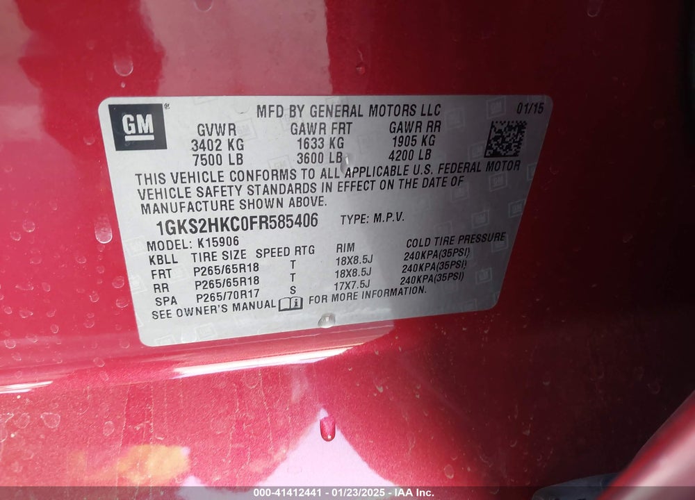 2015 GMC YUKON XL 1500 SLT VIN: 1GKS2HKC0FR585406