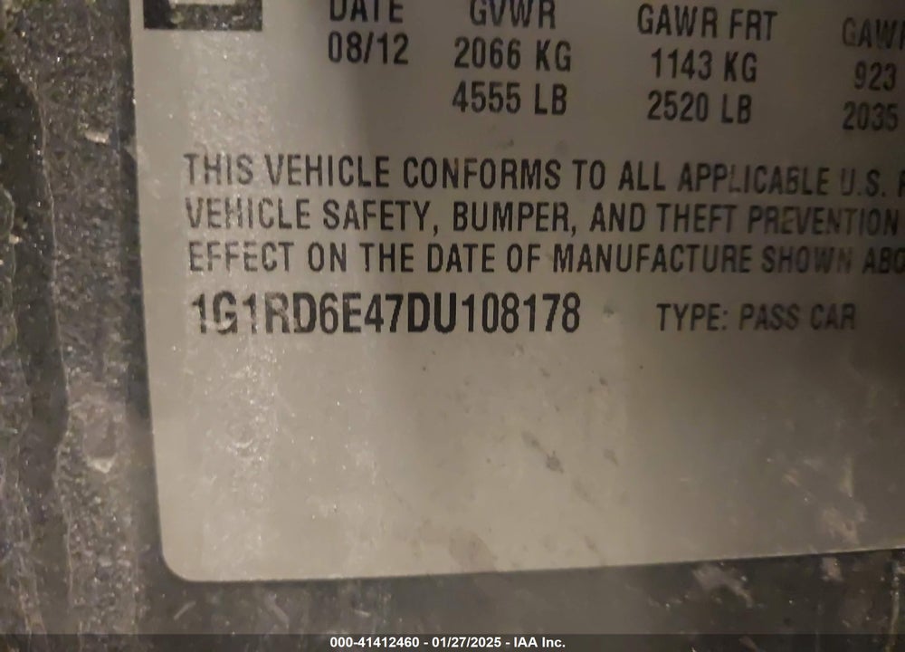 2013 CHEVROLET VOLT VIN: 1G1RD6E47DU108178