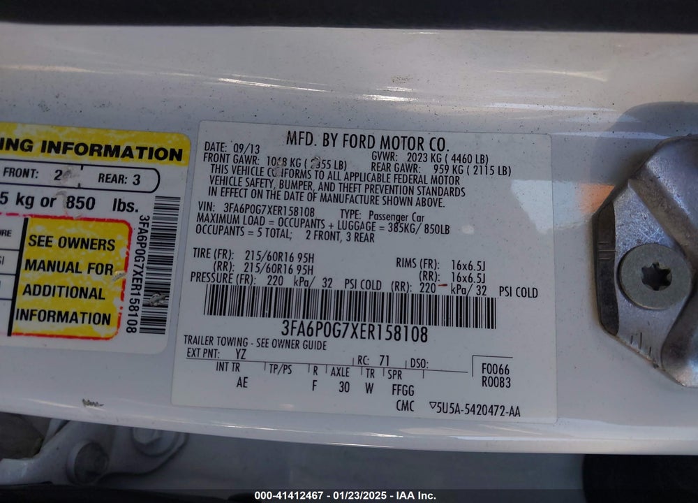 2014 FORD FUSION S VIN: 3FA6P0G7XER158108
