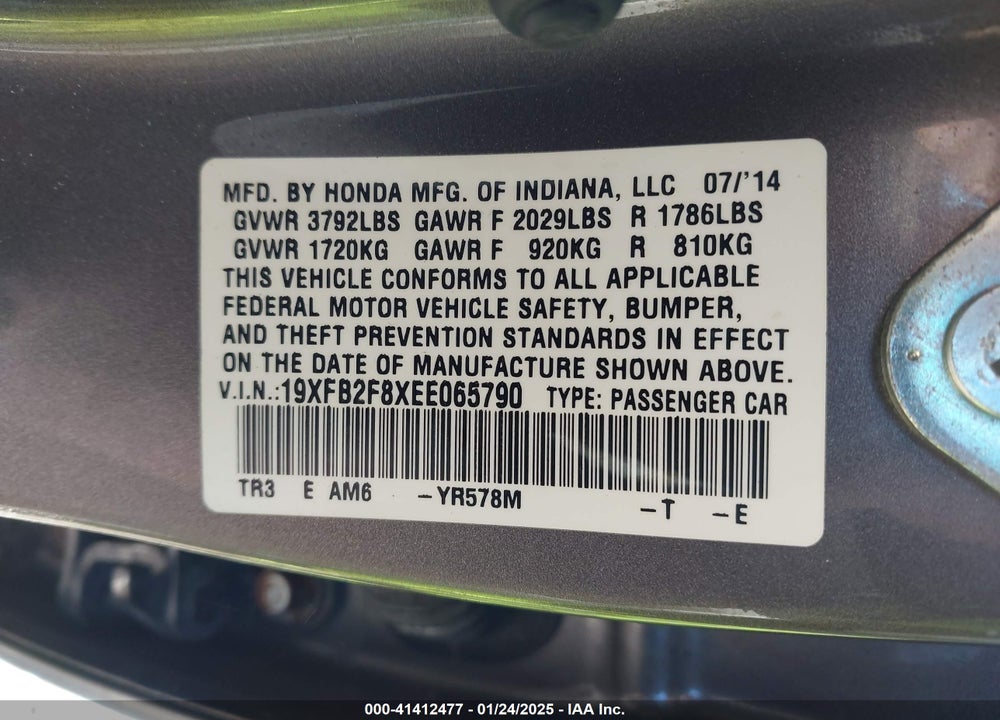 2014 HONDA CIVIC VIN: 19XFB2F8XEE065790