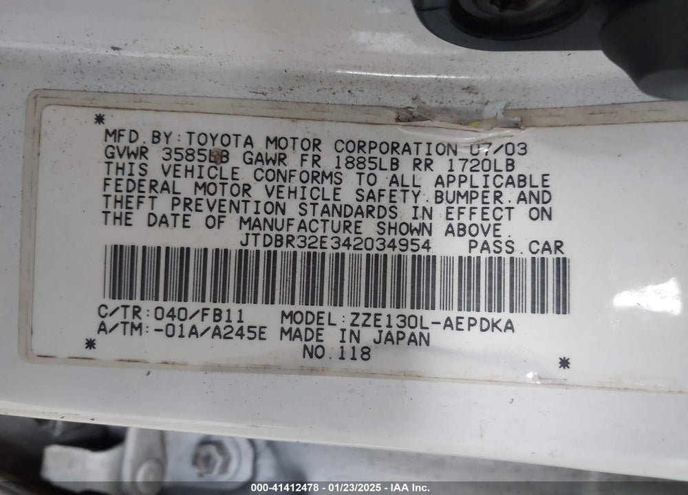 2004 TOYOTA COROLLA CE VIN: JTDBR32E342034954