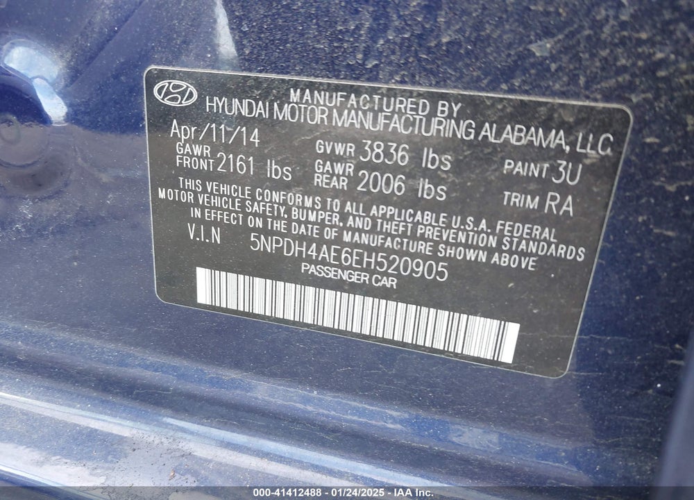 2014 HYUNDAI ELANTRA VIN: 5NPDH4AE6EH520905