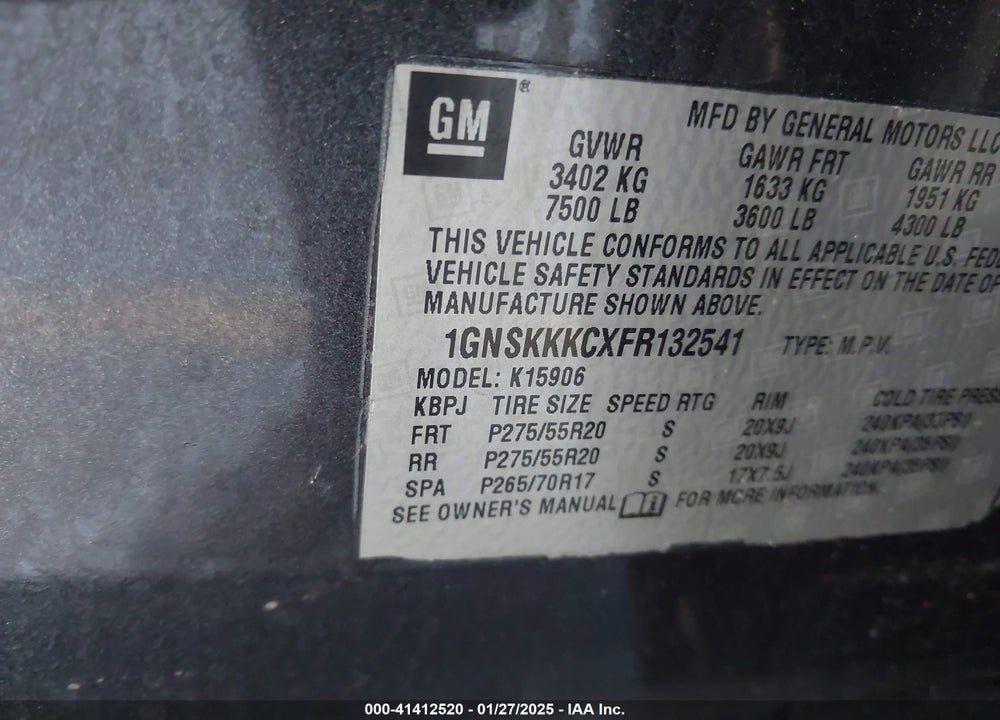 2015 CHEVROLET SUBURBAN 1500 VIN: 1GNSKKKCXFR132541