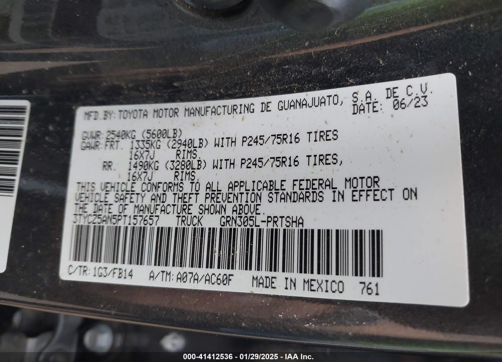 2023 TOYOTA TACOMA VIN: 3TYCZ5AN5PT157657