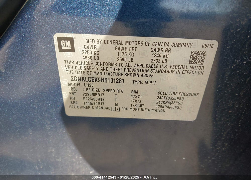 2017 CHEVROLET EQUINOX LT VIN: 2GNALCEK9H6101281