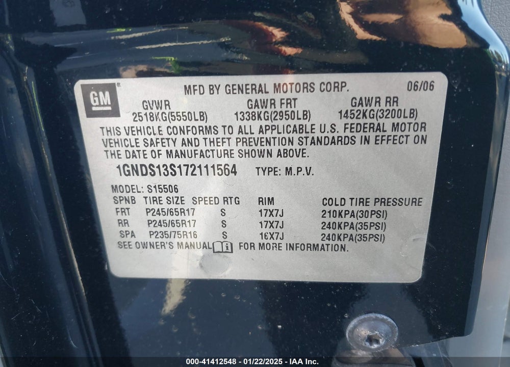 2007 CHEVROLET TRAILBLAZER LS VIN: 1GNDS13S172111564