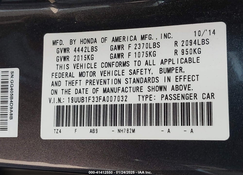 2015 ACURA TLX VIN: 19UUB1F33FA007032