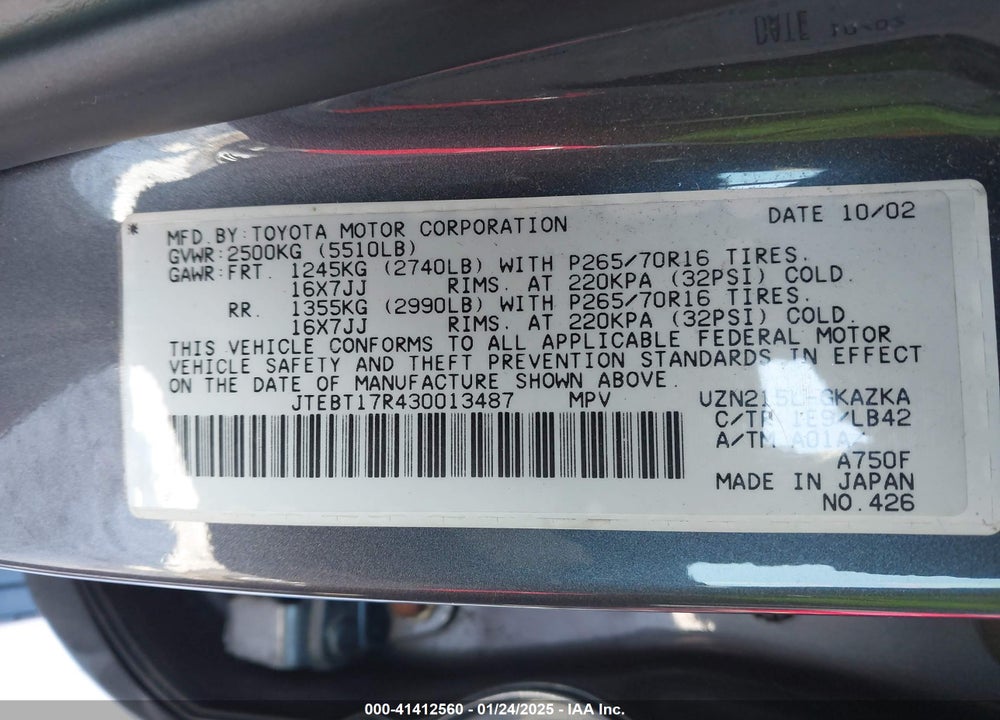 2003 TOYOTA 4RUNNER LIMITED V8 VIN: JTEBT17R430013487