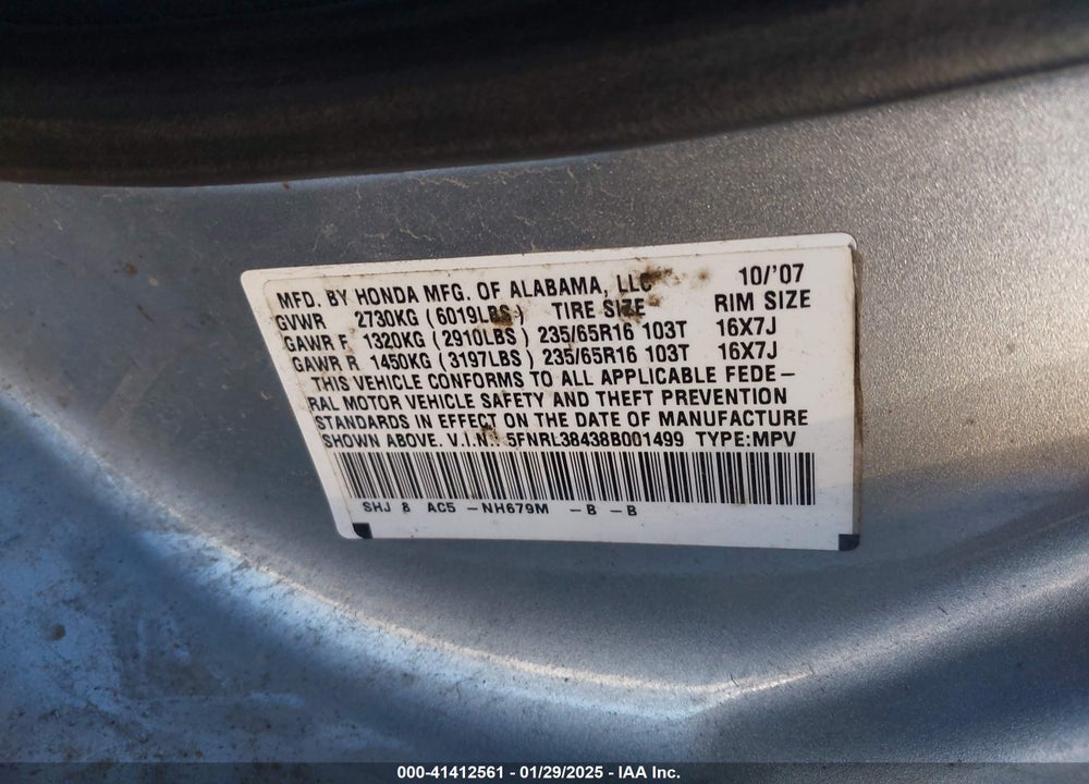 2008 HONDA ODYSSEY EX VIN: 5FNRL38438B001499