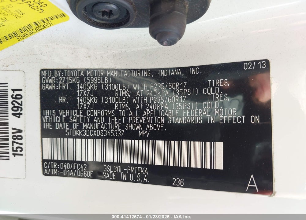 2013 TOYOTA SIENNA LE V6 8 PASSENGER VIN: 5TDKK3DCXDS345337