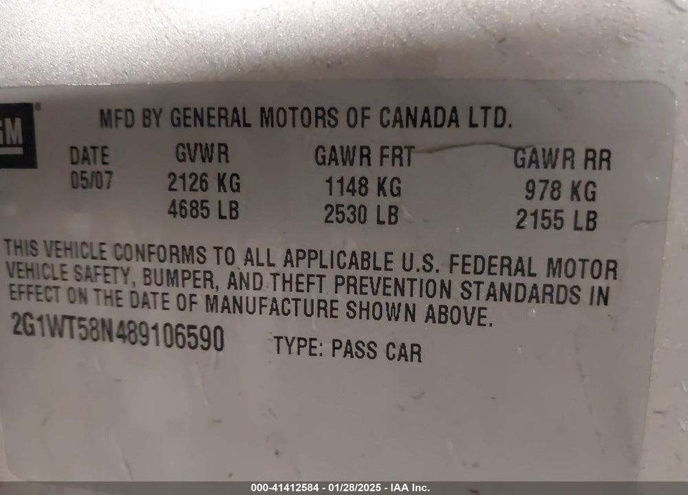 2008 CHEVROLET IMPALA VIN: 2G1WT58N489106590