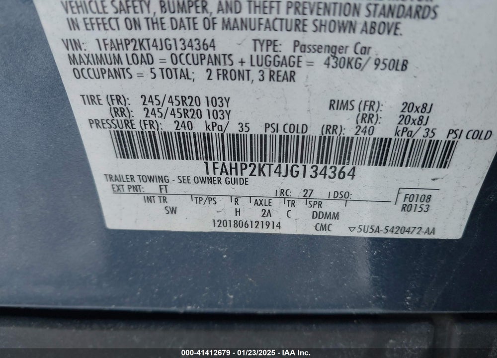 2018 FORD TAURUS VIN: 1FAHP2KT4JG134364