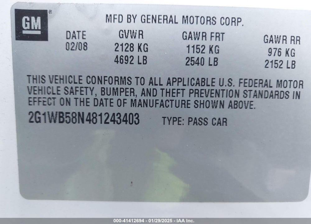 2008 CHEVROLET IMPALA VIN: 2G1WB58N481243403