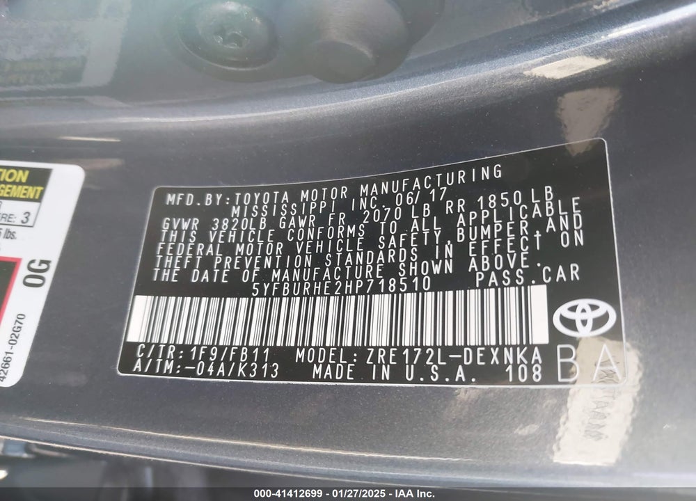 2017 TOYOTA COROLLA LE VIN: 5YFBURHE2HP718510