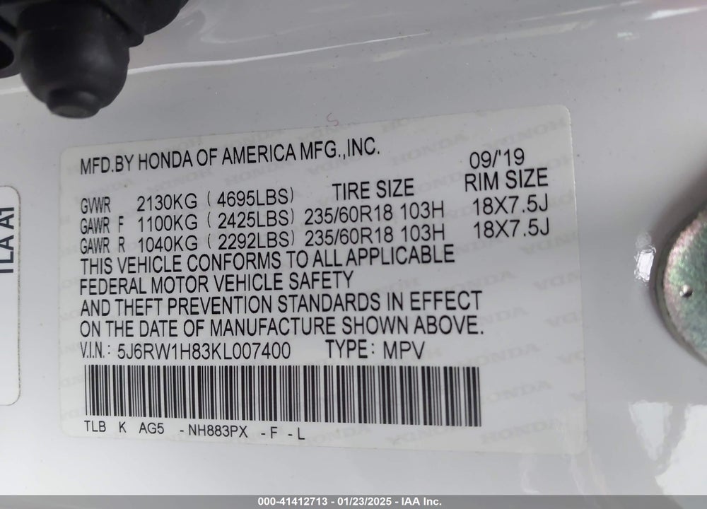 2019 HONDA CR-V EX-L VIN: 5J6RW1H83KL007400