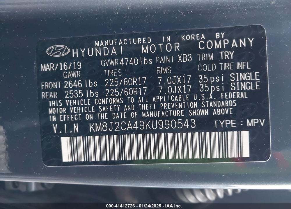 2019 HYUNDAI TUCSON SE VIN: KM8J2CA49KU990543