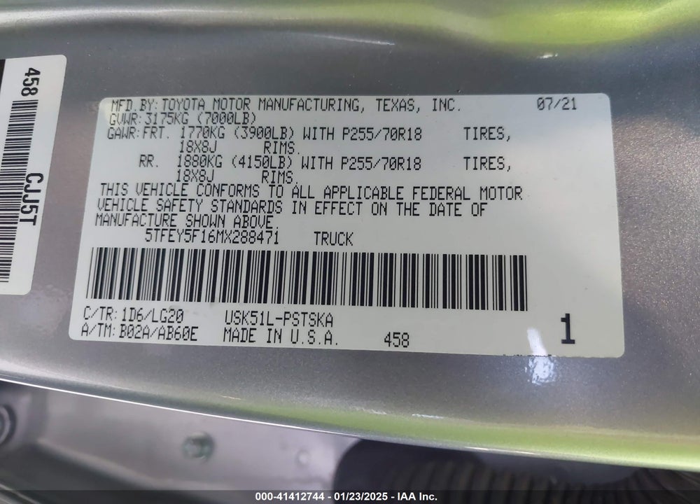 2021 TOYOTA TUNDRA VIN: 5TFEY5F16MX288471