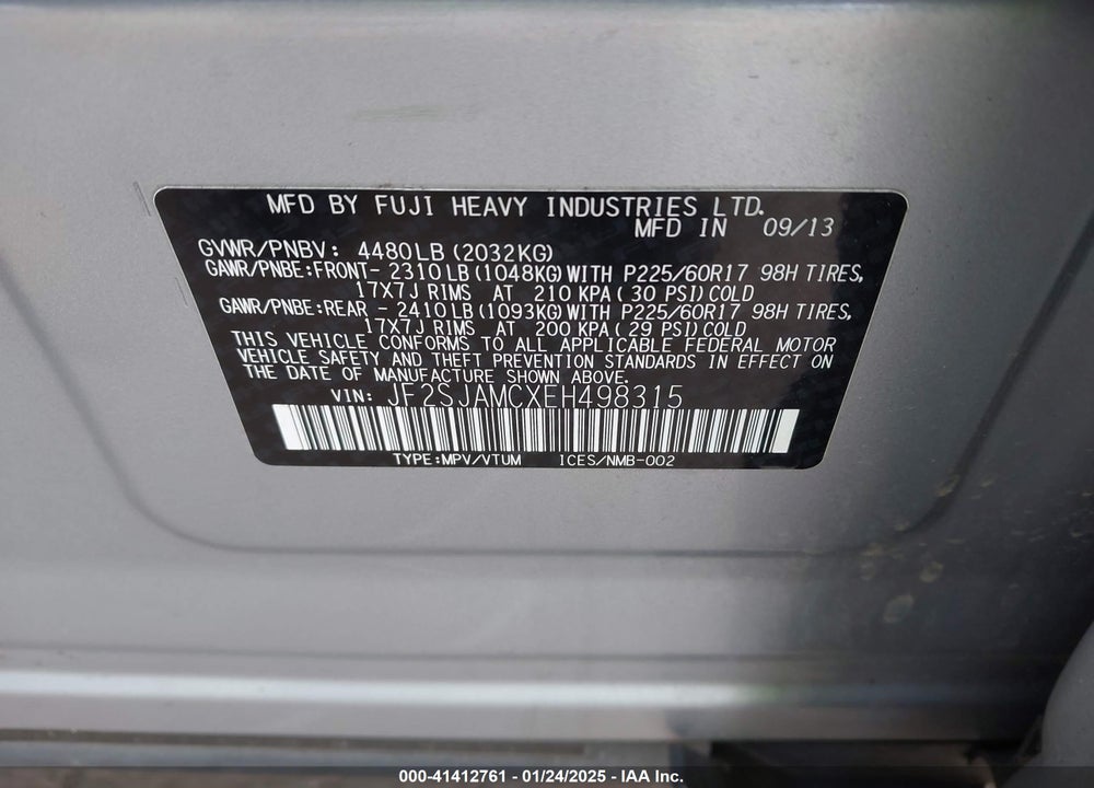 2014 SUBARU FORESTER 2.5I TOURING VIN: JF2SJAMCXEH498315