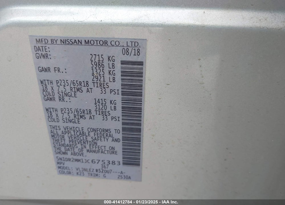 2018 NISSAN PATHFINDER SV VIN: 5N1DR2MM1JC675383