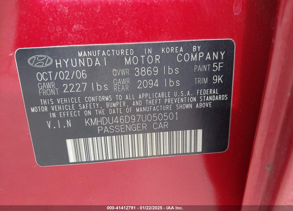 2007 HYUNDAI ELANTRA GLS/LIMITED/SE VIN: KMHDU46D97U050501