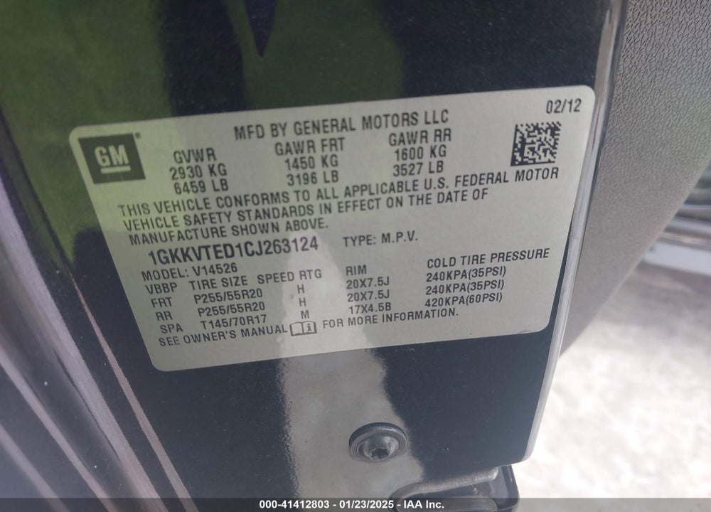 2012 GMC ACADIA DENALI VIN: 1GKKVTED1CJ263124