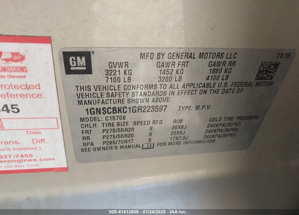 2016 CHEVROLET TAHOE LT VIN: 1GNSCBKC1GR223597